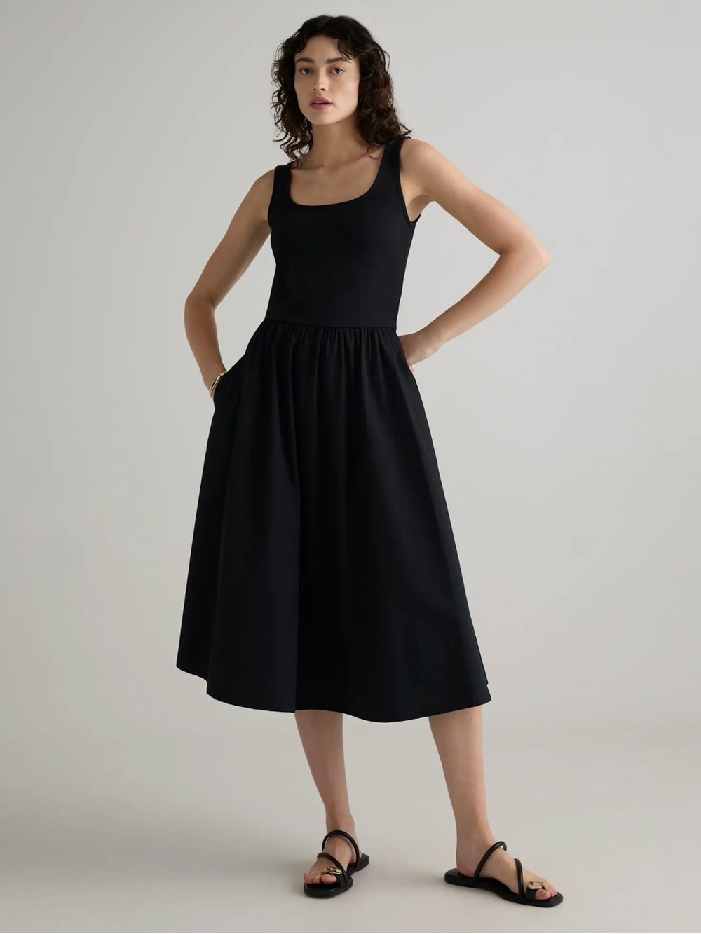 Quince Black Mixed Media Sleeveless Midi Dress